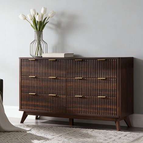 Commode 6 Tiroirs à Panneaux Canelés, Plateau Faux Marbre, Profil Courbé - Meuble TV 137 cm Large, Organisateur en Bois pour Chambre Salon Couloir, Panneau de Particules Noyer Foncé