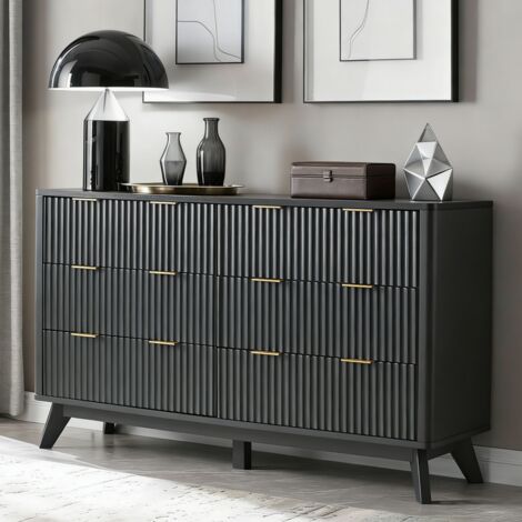 Commode 6 Tiroirs à Panneaux Canelés, Plateau Faux Marbre, Profil Courbé - Meuble TV 137 cm Large, Organisateur en Bois pour Chambre Salon Couloir,Panneau de Particules Gris Foncé