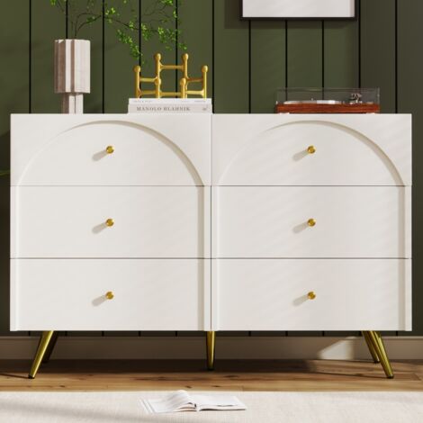 Commode 6 tiroirs blanc crème H85 L120 D40 cm pour chambre et salon rangement fonctionnel et design sans éclairage