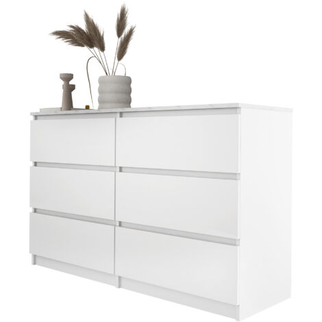 Commode 6 Tiroirs : Blanc Mat / Blanc marbre TOP, 120 × 78,5 × 39 cm