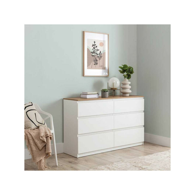 Commode 6 tiroirs Blanc/Bois - qiz - l 137 x l 35 x h 84 cm