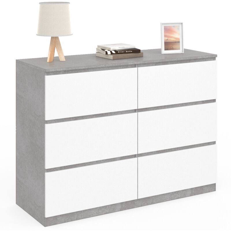 Commode 6 tiroirs TOMI 110 cm blanc et effet béton