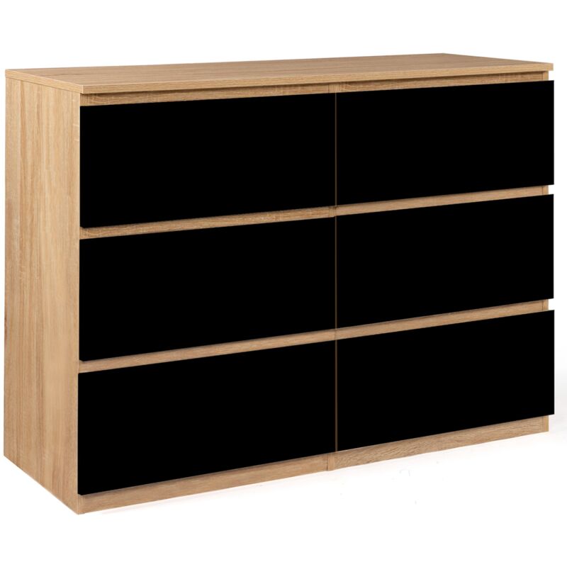 Commode 6 tiroirs noire et bois façon hêtre 110x80cm