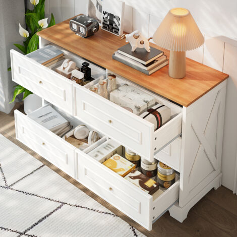 Commode 6 tiroirs, Buffet de cuisine 120x40x76 cm, style campagne rétro, MDF et panneaux de particules, blanc et bois naturel