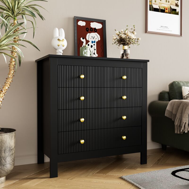 Wishdor - Commode 5 tiroirs avec poignées dorées, pour chambre et salon, noir