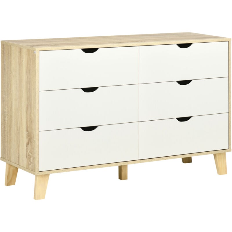 Commode 6 tiroirs design scandinave piètement effilé incliné bois pin panneaux blanc effet bois