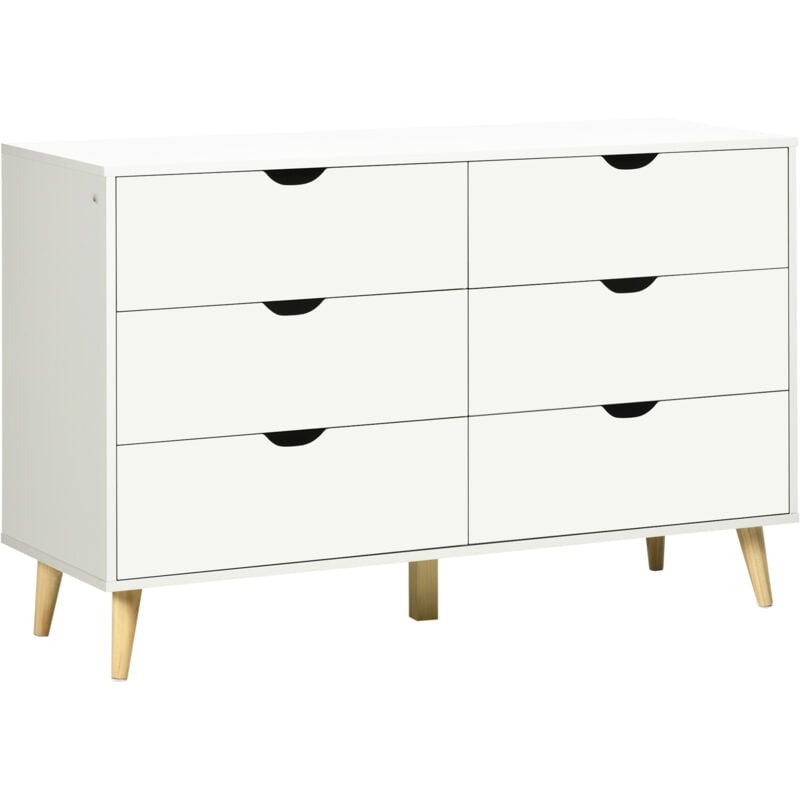 Commode 6 tiroirs design scandinave piètement effilé incliné bois pin panneaux blanc