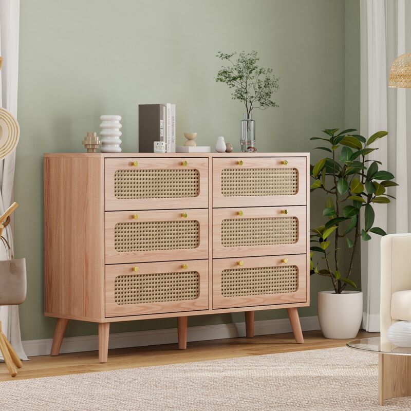 Commode 6 tiroirs effet rotin - 100 cm - meuble de rangement design bohème scandinave - pieds en bois massif - buffet bas pour chambre, salon,