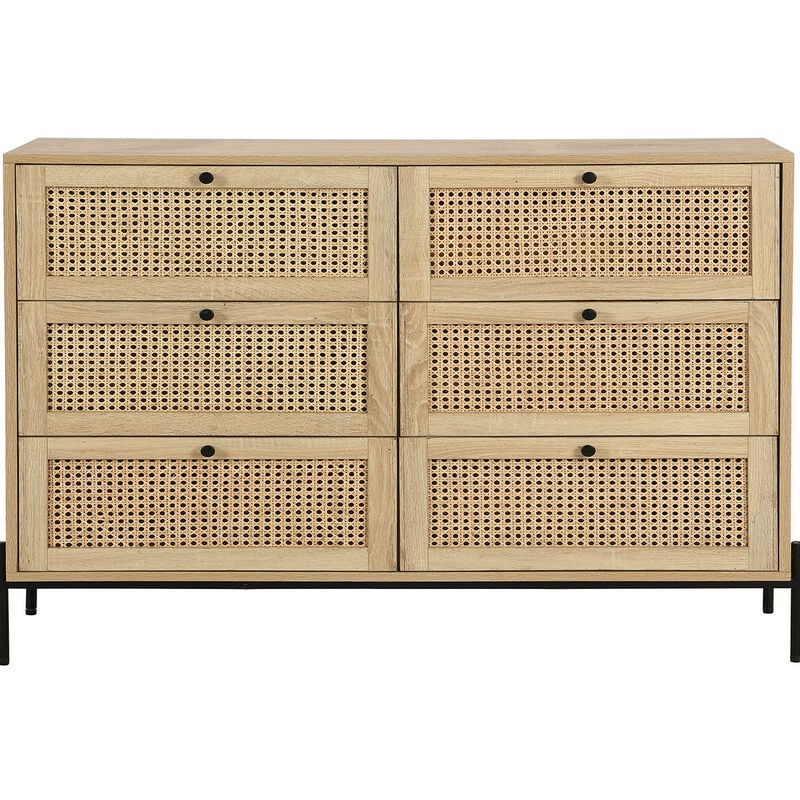 Commode 6 tiroirs en cannage naturel et effet chêne 120 cm - Iris
