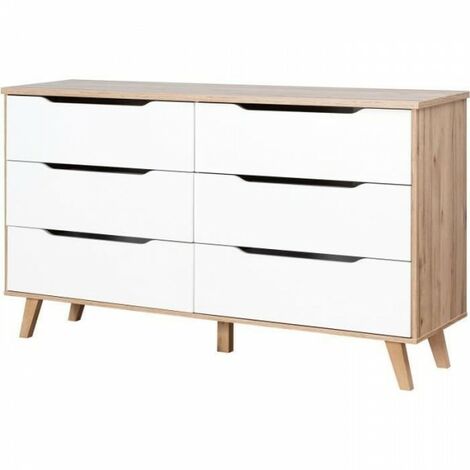 Commode 6 tiroirs - En panneaux de particules - Décor chene et blanc - Contemporain - L 154 x P 42 x H 86 cm
