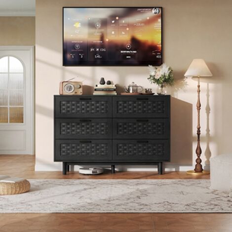 Commode 6 tiroirs en rotin 115x40x80 cm – Façade noirhe – Panneaux de particules et métal – Poignée en métal et pieds en bois