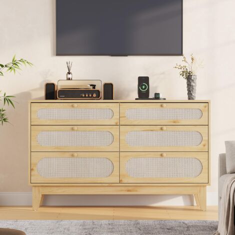Commode 6 tiroirs en rotin et chêne naturel 40x132x79 cm, avec ports USB et prises, rangement pour chambre et salon