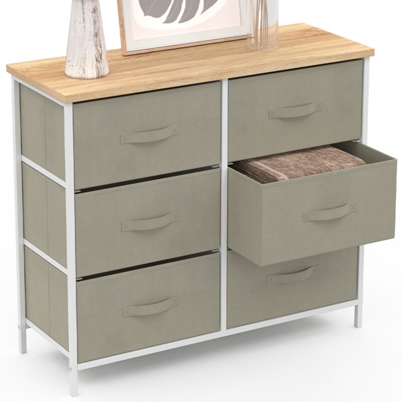 Commode 6 tiroirs en tissu alta 80 cm gris clair et plateau effet bois design industriel