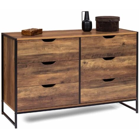 Commode 6 tiroirs HAWKINS 115 cm bois foncé design industriel