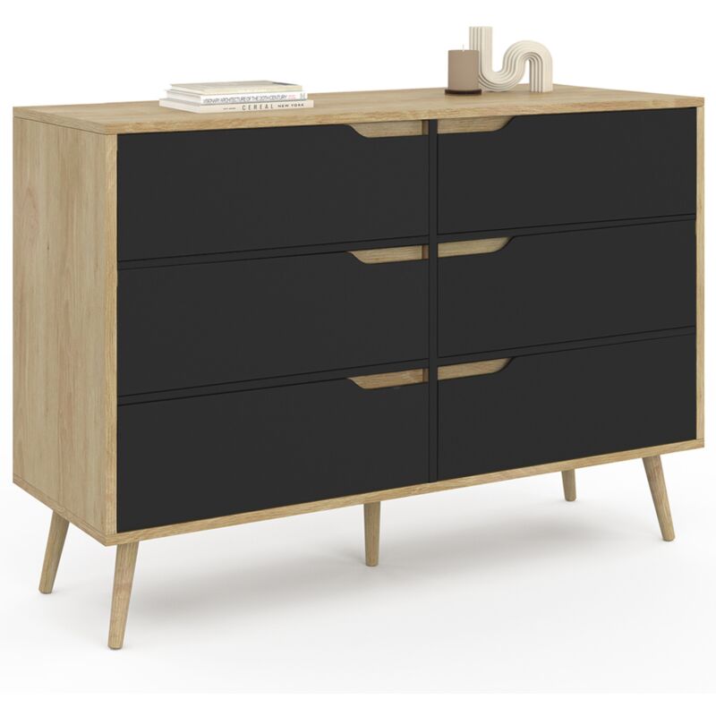 Commode 6 tiroirs helsinki 115 cm scandinave effet hêtre et noir