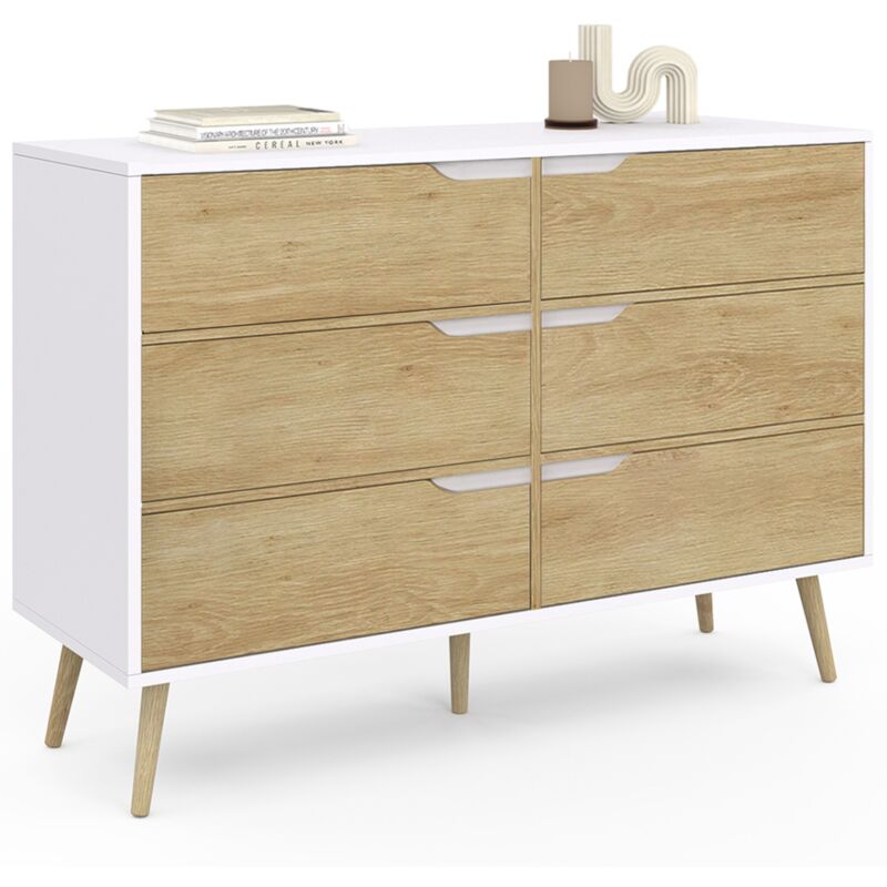 Commode 6 tiroirs helsinki 115 cm scandinave blanc et effet hêtre