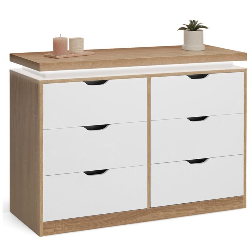 Commode 6 tiroirs luna à leds 115 cm blanc et effet bois