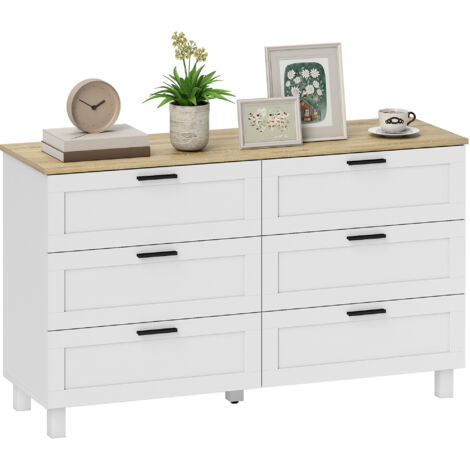 Commode 6 tiroirs, meuble de rangement avec pieds  de pin, style moderne, 120 x 38 x 71 cm,  naturel et blanc