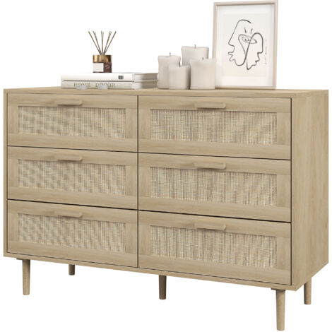 Commode 6 tiroirs meuble de rangement avec tissage en rotin dim. 110L x 40l x 75H cm Aspect Bois Clair