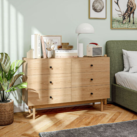 Commode 6 tiroirs meuble de rangement pieds en bois massif 120 x 40 x 80 cm couleur bois