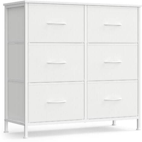 Commode 6 Tiroirs, Meuble de Rangement pour Chambre, Acier, Panneau MDF, Tissu non-tissé, pour Couloir, Entrée, Salon, Blanc Nuage et Blanc Neige