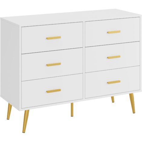 Commode 6 tiroirs moderne blanc 40x106x85 cm, bois et acier poignées dorées, tiroirs profonds pour chambre salon entrée