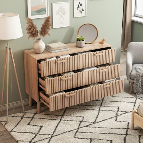 Commode, 6 tiroirs, pieds antidérapants et grand espace de rangement, 100x73x34 cm, convient aux salons et aux chambres, couleur bois naturel