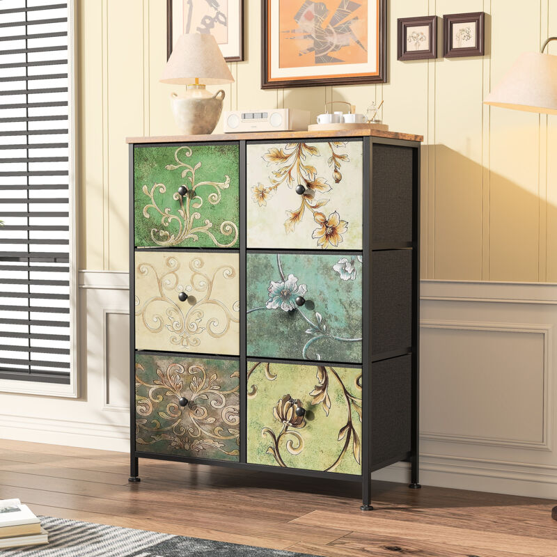 Commode 6 tiroirs, plusieurs tiroirs en tissu, conception rétro motif floral, meuble de rangement avce poignée, avce plateau en bois, pour salle à