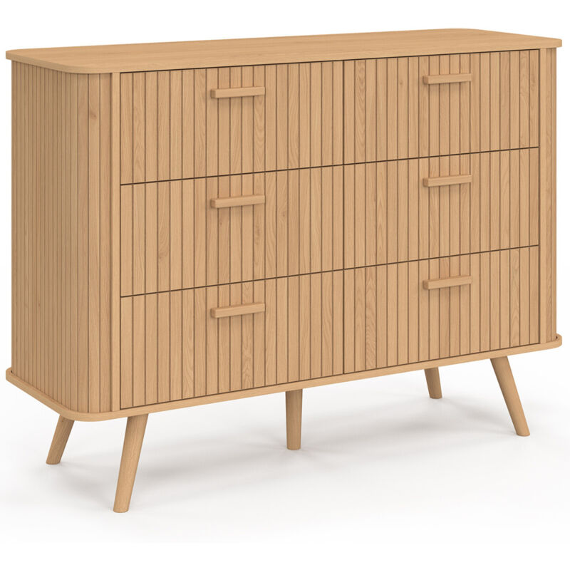 Idmarket – Commode 6 tiroirs 110 cm – Lattes en bois de pin – Coloris chêne – Rangement optimisé pour vêtements volumineux