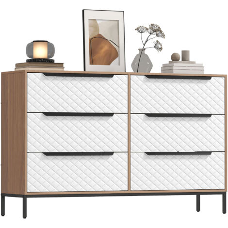Commode 6 tiroirs tissu façades motif losange salon/bureau/loge, naturel/blanc