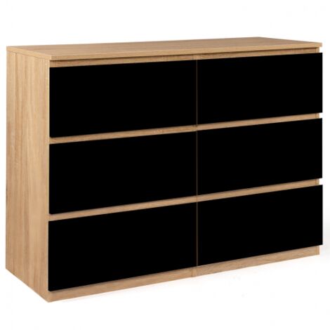 Commode 6 tiroirs TOMI 110 cm bois façon hêtre et noir - Bois-clair