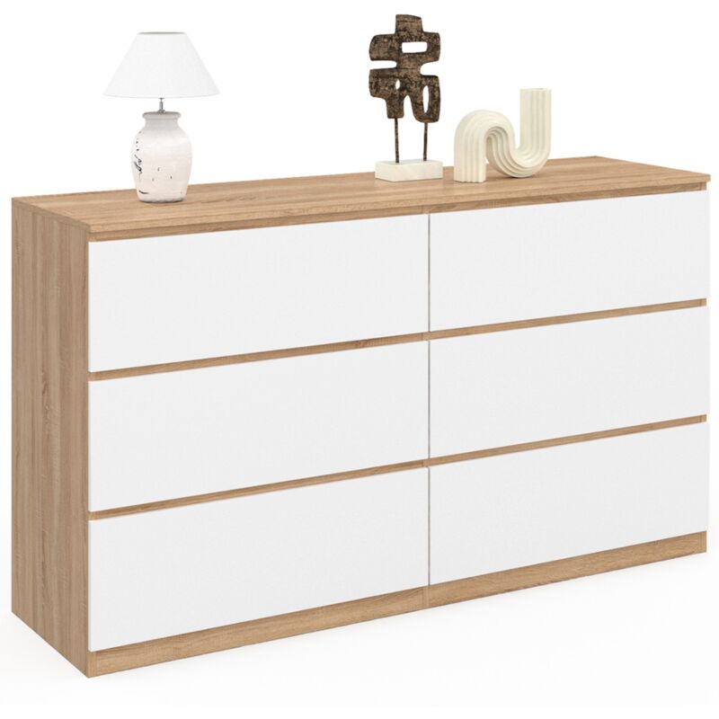 Grande commode 6 tiroirs façon hêtre et blanc