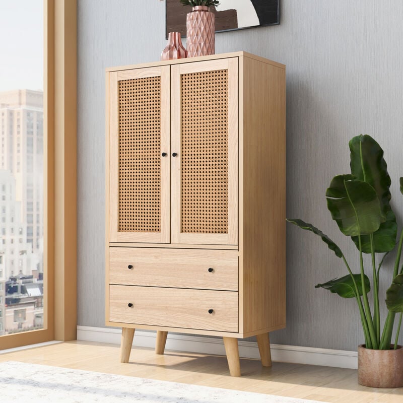 Commode 60 x 40 x 120 cm avec 2 tiroirs et 2 étagères, Panneaux particules, charge de 30 kg, porte adsorption magnétique, naturel