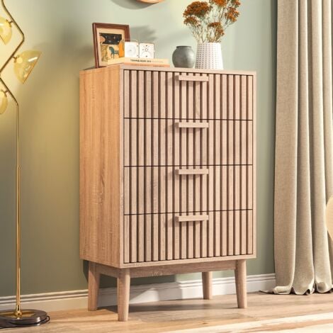 DANS LES NUAGES Commode 100cm, rectangulaire, avec 6 tiroirs de rangement, poignées et pieds en bois, campagnard, meubles de salon - Naturel