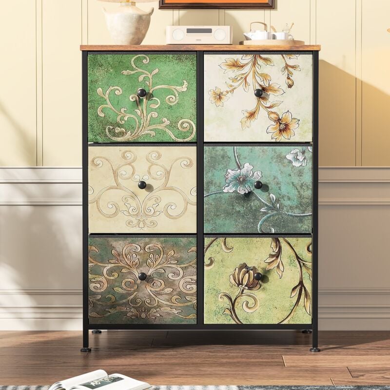 Commode 67 cm, avec 6 tiroirs de rangement, motif vintage, structure en métal, plateau en bois, style bohème, meuble de salon en bois - Multicolore
