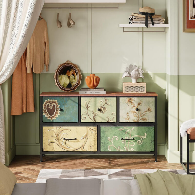 Blanketswarm - Commode 5 tiroirs, buffet, meuble de rangement, tiroirs en tissu, amovible, style rétro, avec motif floral, cadre en métal, pour