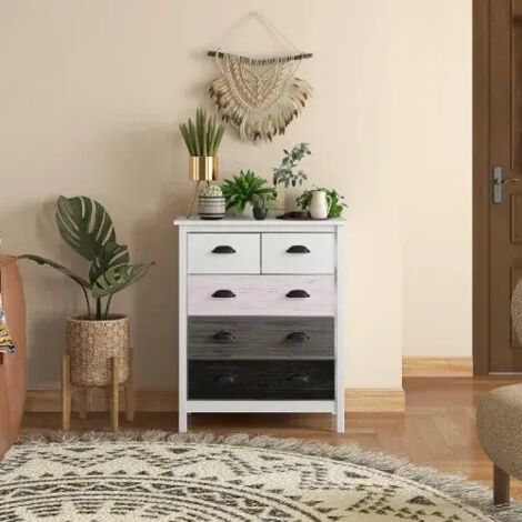 Commode 70x38x85 cm, 5 tiroirs anti-basculement, pour chambre et salon - Blanc