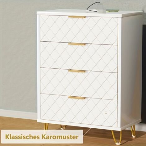 Commode 76cm avec 4 Tiroirs en bois, Commode chambre avec Poignées en Métal, pieds dorés, Scandinave - Blanc, Lot de Tables de Chevet avec Station de Charge