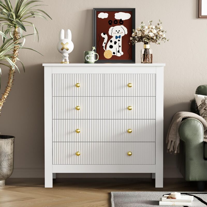 Commode chambre 5 Tiroirs, avec portes spéciales, poignées dorées, Meuble Tiroir Rangement, Scandinave - Blanc