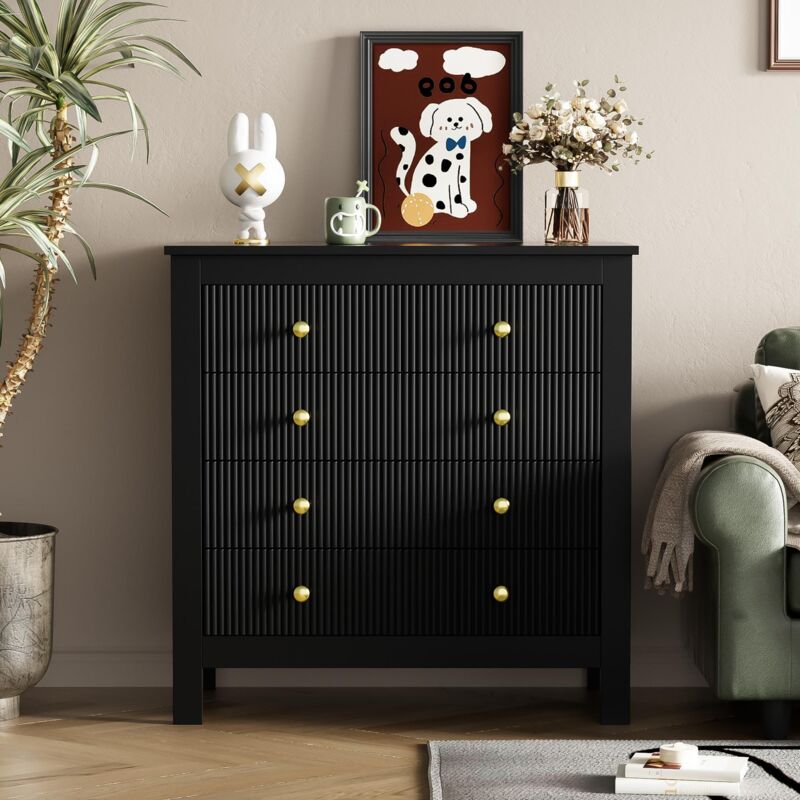 Commode chambre 5 Tiroirs, avec portes spéciales, poignées dorées, Meuble Tiroir Rangement, Scandinave - Noir