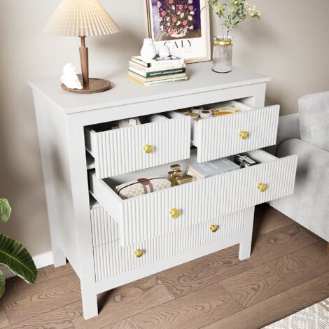 Commode 79x39,5x80,5cm avec 5 tiroirs, buffet, table de chevet, compartiment de rangement, poignées dorées, aggloméré, blanc