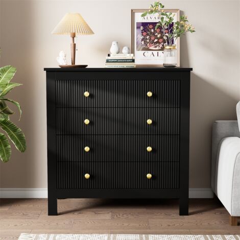 Commode 79x80.5x39.5cm - Commode à 4 tiroirs avec poignées dorées, armoire de rangement - Noir
