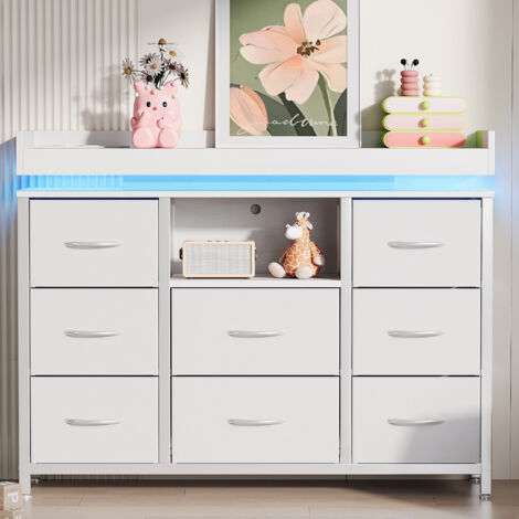 Commode 8 Tiroirs - 108x30x82cm - Éclairage LED RVB avec Prises USB et Secteur - Structure Acier Robuste - Blanc