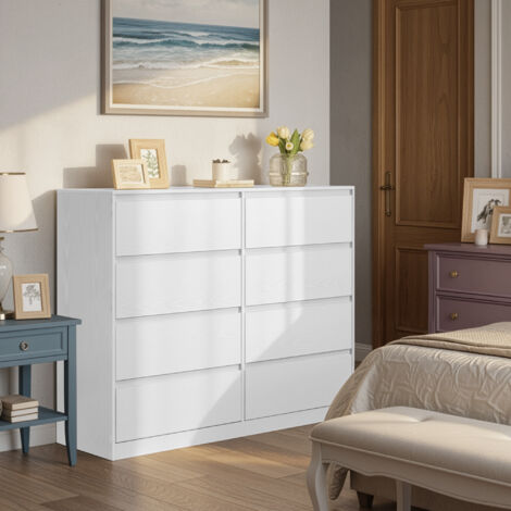 Commode 8 Tiroirs, 40 x 119,4 x 97,5 cm, Style Moderne, Blanc