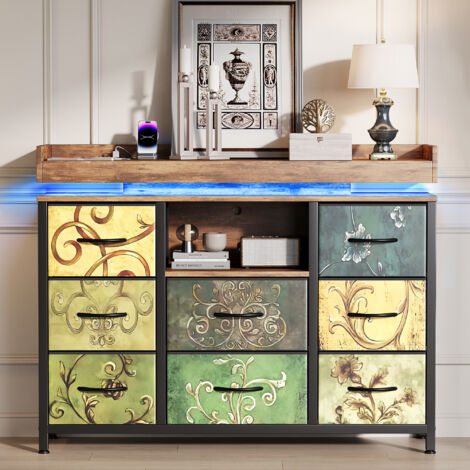 Commode 8 Tiroirs avec LED et Prises, Meuble de Rangement Chambre avec USB & Type-C, Commode Tissu sur Cadre Métal, Pieds Réglables, 108x30x82 cm, vert