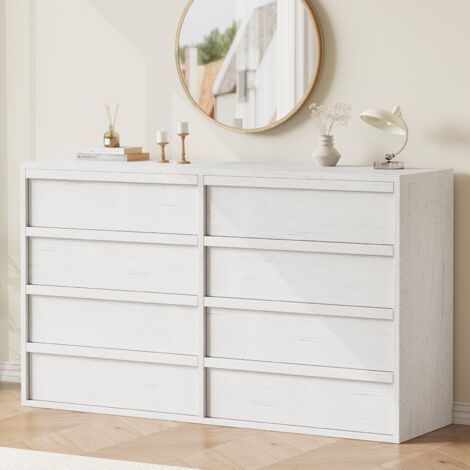 Commode 8 tiroirs blanc antique 40x137x81.5 cm, meuble de rangement en bois pour chambre à coucher, salon et couloir