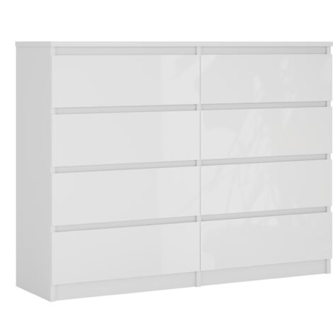 Commode 8 tiroirs : Blanc Mat / Blanc Brillant, 120 × 39 × 101 cm