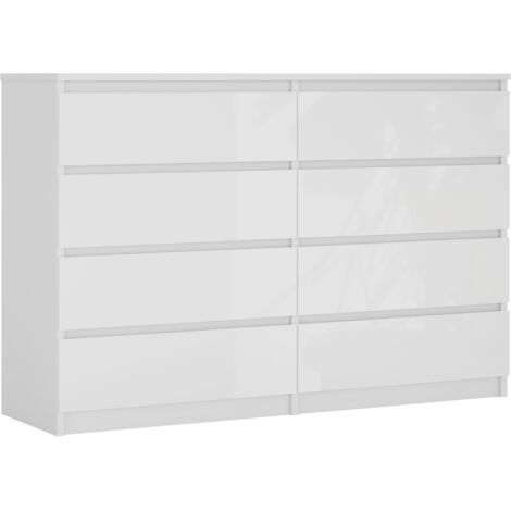 Commode 8 tiroirs : Blanc Mat / Blanc Brillant, 138 × 101 × 39 cm