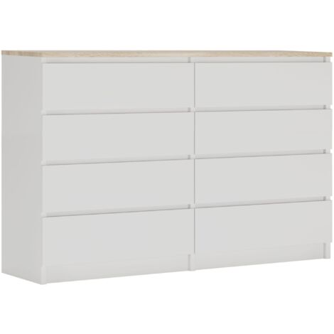 Commode 8 tiroirs : Blanc Mat / Chêne Sonoma Top, 138 × 101 × 39 cm