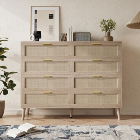 Commode 8 Tiroirs en Rotin Naturel – Commode de Ferme avec Pieds Renforcés et Poignées Dorées pour Chambre, Salon, Entrée (Chêne)